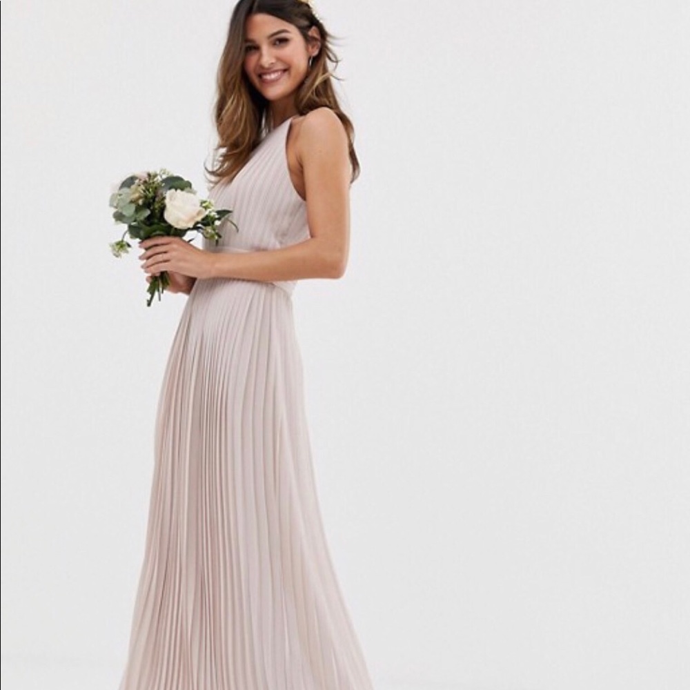 Brand New Taupe High Neck Pleated Maxi Dress